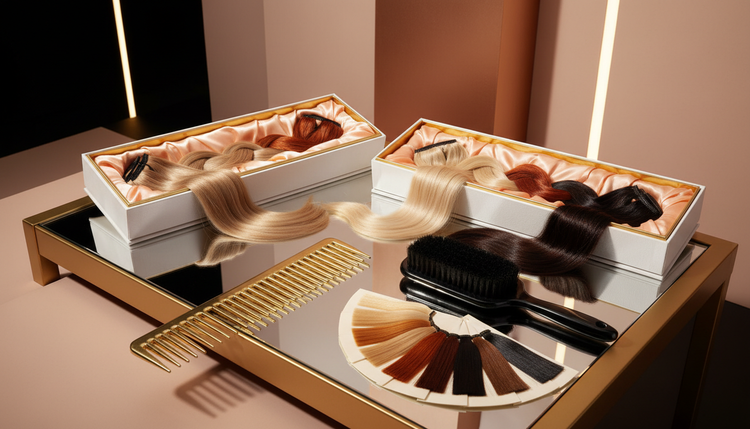 Luxury hair extension sets in blonde, copper and brunette on a mirrored salon table